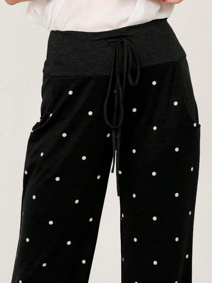 Polka Dot Draw String Wide Leg Lounge Vintage Charcoal Navy Black Sage Log Pants Small To 3 XL Plus