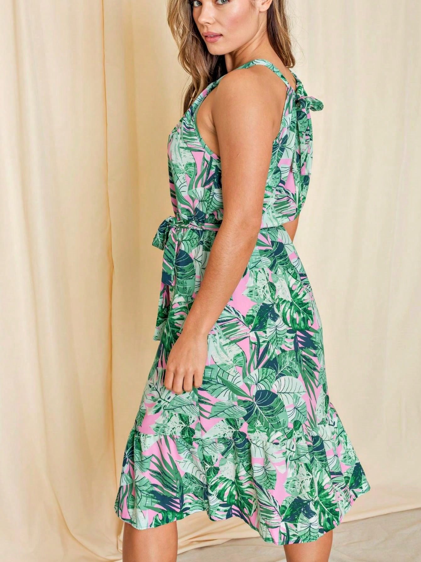 Green Pink Mint Ditsy Floral Leaves Tropical  Halter Neck Tie Sash Waist Ruffle Tiered Midi Dress Swing Southern Cruise Dress | Small -3 XL Plus