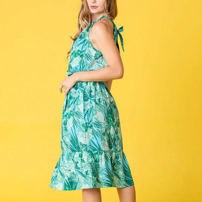 Green Pink Mint Ditsy Floral Leaves Tropical  Halter Neck Tie Sash Waist Ruffle Tiered Midi Dress Swing Southern Cruise Dress | Small -3 XL Plus