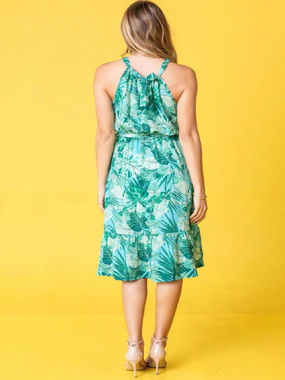 Green Pink Mint Ditsy Floral Leaves Tropical  Halter Neck Tie Sash Waist Ruffle Tiered Midi Dress Swing Southern Cruise Dress | Small -3 XL Plus
