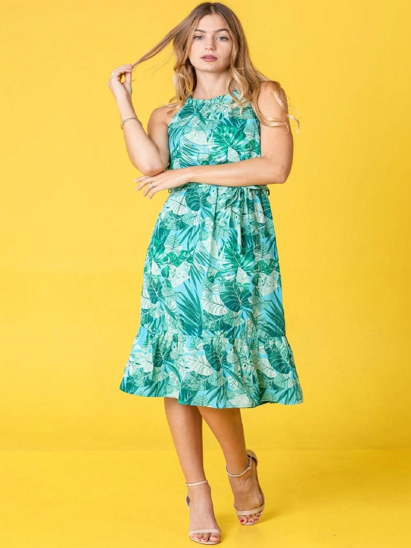 Green Pink Mint Ditsy Floral Leaves Tropical  Halter Neck Tie Sash Waist Ruffle Tiered Midi Dress Swing Southern Cruise Dress | Small -3 XL Plus