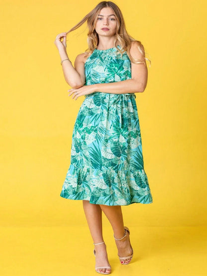 Green Pink Mint Ditsy Floral Leaves Tropical  Halter Neck Tie Sash Waist Ruffle Tiered Midi Dress Swing Southern Cruise Dress | Small -3 XL Plus