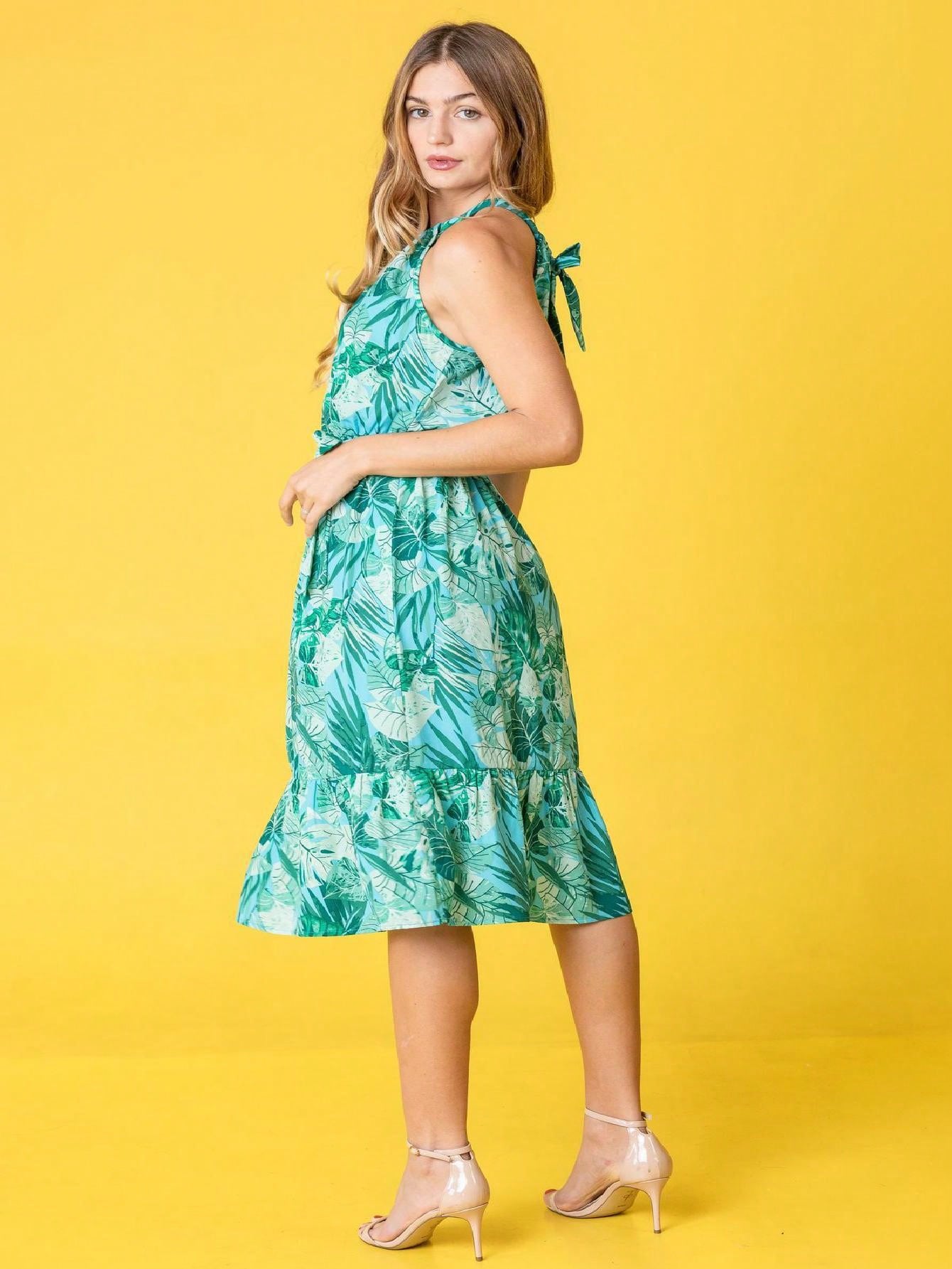 Green Pink Mint Ditsy Floral Leaves Tropical  Halter Neck Tie Sash Waist Ruffle Tiered Midi Dress Swing Southern Cruise Dress | Small -3 XL Plus