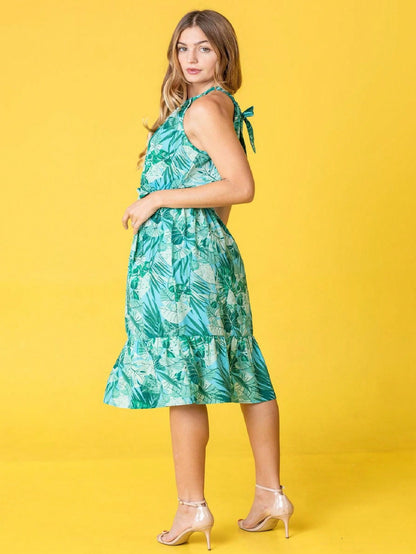 Green Pink Mint Ditsy Floral Leaves Tropical  Halter Neck Tie Sash Waist Ruffle Tiered Midi Dress Swing Southern Cruise Dress | Small -3 XL Plus