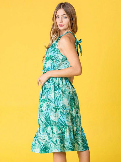 Green Pink Mint Ditsy Floral Leaves Tropical  Halter Neck Tie Sash Waist Ruffle Tiered Midi Dress Swing Southern Cruise Dress | Small -3 XL Plus