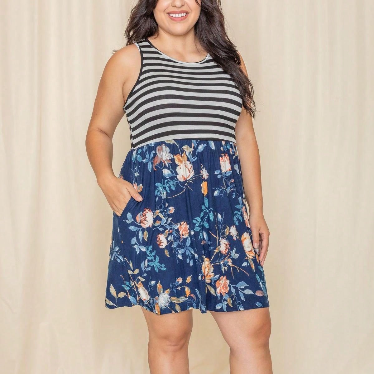 Vintage Boho Sleeveless Summer Navy Floral Shift Short Swing Aline Southern Dress | 1 XL - 3 XL Plus