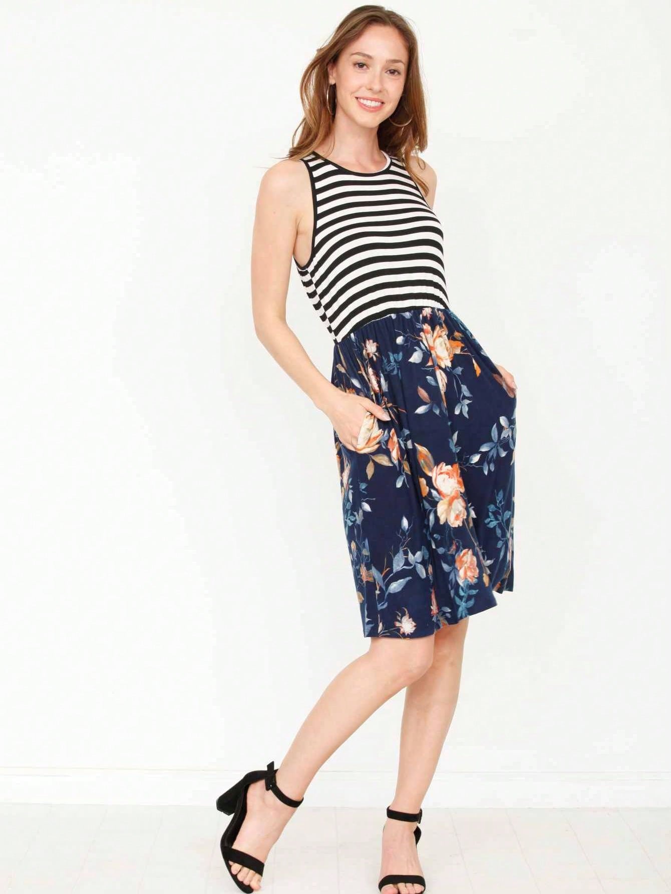 Vintage Boho Sleeveless Summer Navy Floral Shift Short Swing Aline Southern Dress | 1 XL - 3 XL Plus