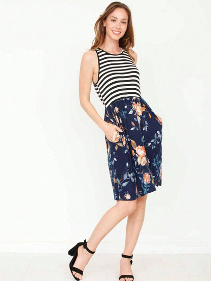 Vintage Boho Sleeveless Summer Navy Floral Shift Short Swing Aline Southern Dress | 1 XL - 3 XL Plus