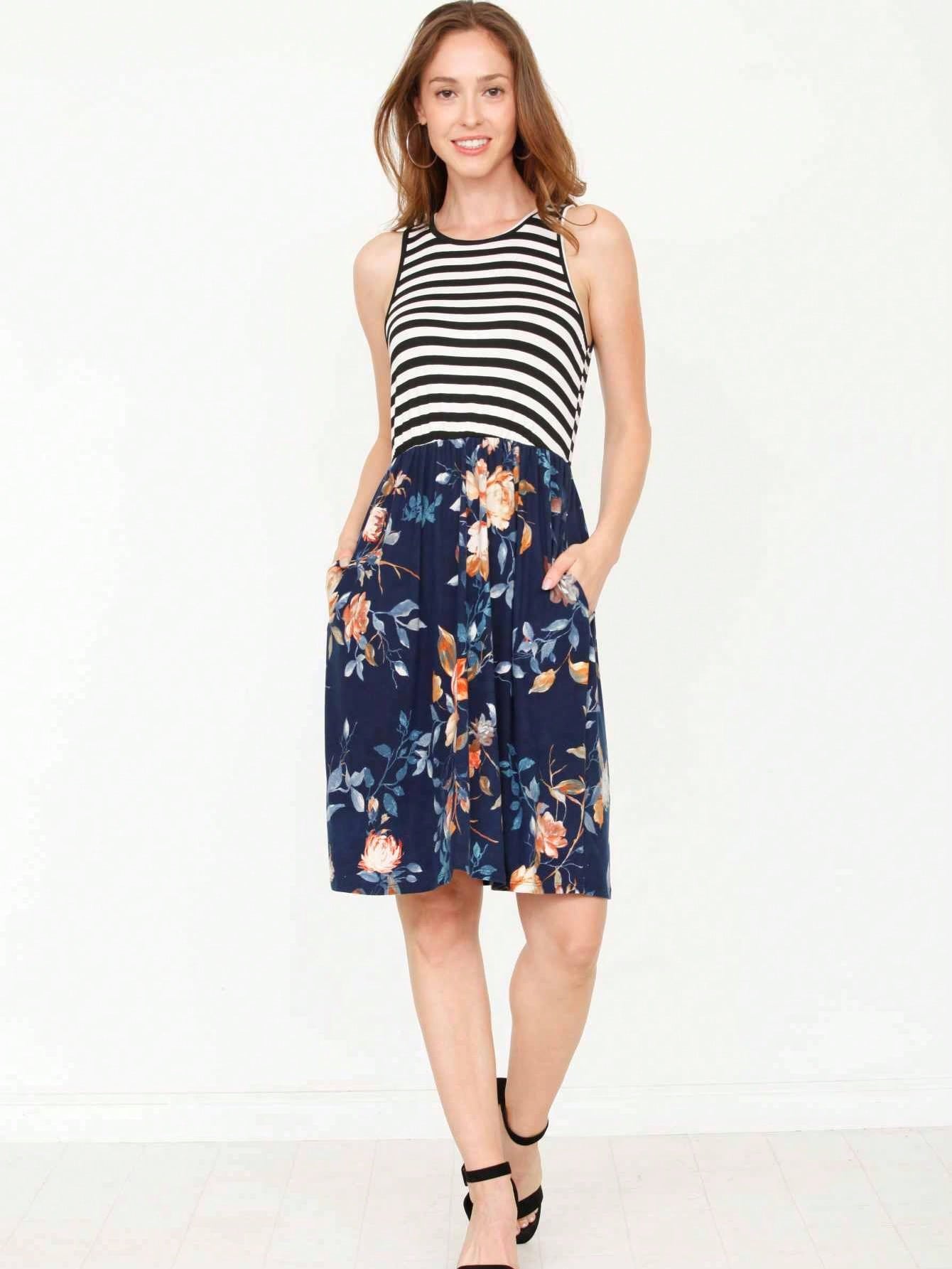 Vintage Boho Sleeveless Summer Navy Floral Shift Short Swing Aline Southern Dress | 1 XL - 3 XL Plus