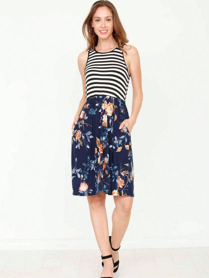 Vintage Boho Sleeveless Summer Navy Floral Shift Short Swing Aline Southern Dress | 1 XL - 3 XL Plus