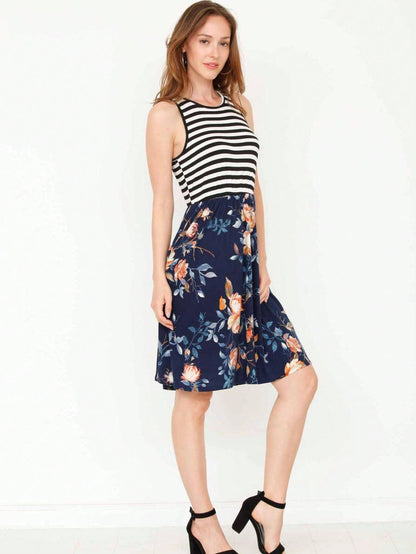 Vintage Boho Sleeveless Summer Navy Floral Shift Short Swing Aline Southern Dress | 1 XL - 3 XL Plus