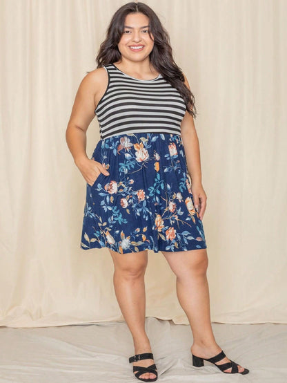 Vintage Boho Sleeveless Summer Navy Floral Shift Short Swing Aline Southern Dress | 1 XL - 3 XL Plus