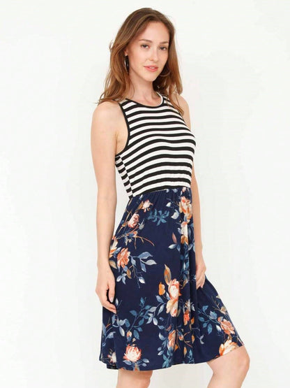 Vintage Boho Sleeveless Summer Navy Floral Shift Short Swing Aline Southern Dress | 1 XL - 3 XL Plus