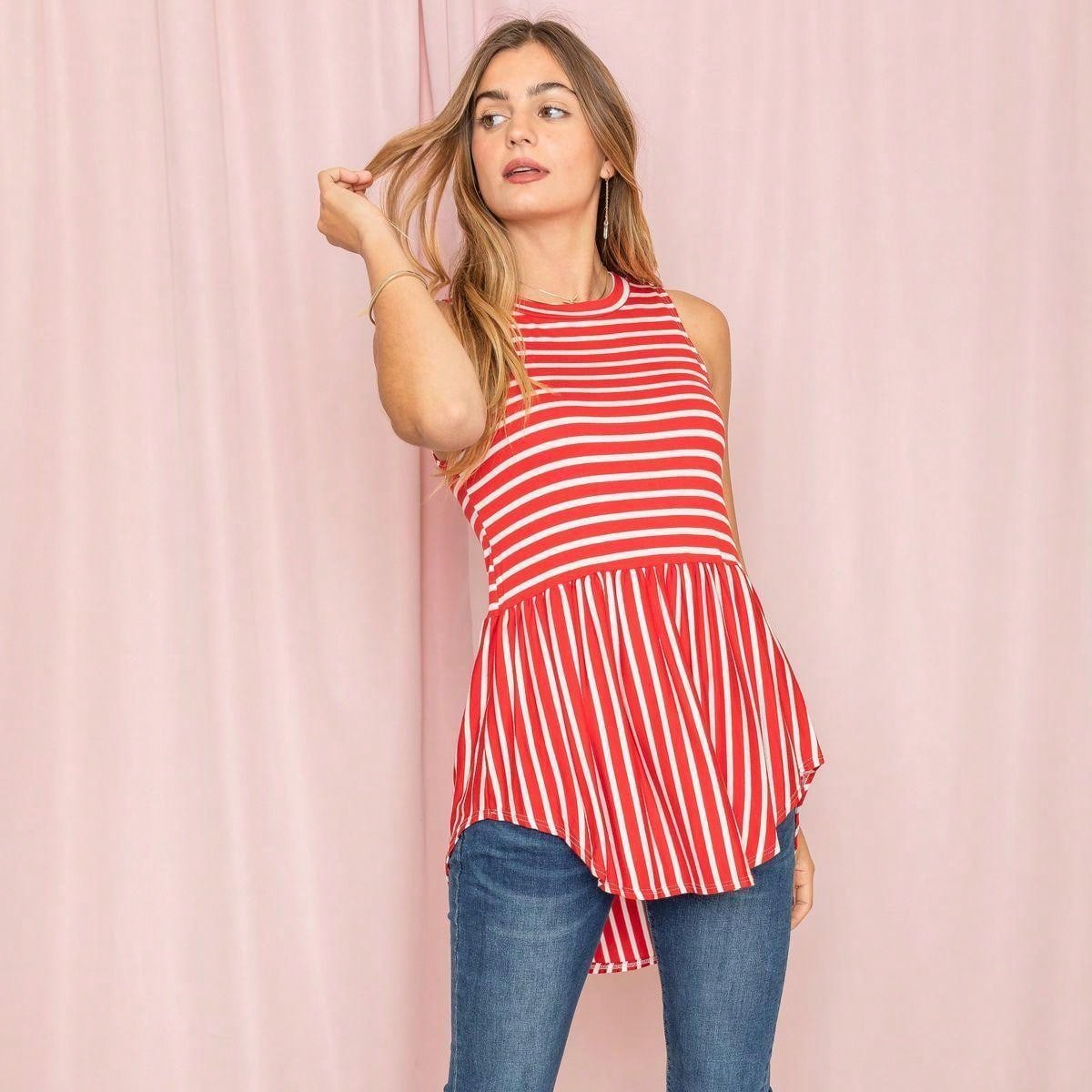Summer/Spring Stripe Red Sage Blue Grey Cute Baby Doll Top Blouse Tunic Top With Side Slit Small To 3 XL Plus