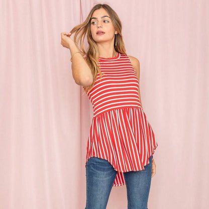 Summer/Spring Stripe Red Sage Blue Grey Cute Baby Doll Top Blouse Tunic Top With Side Slit Small To 3 XL Plus