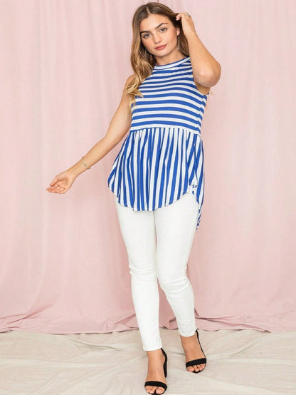 Summer/Spring Stripe Red Sage Blue Grey Cute Baby Doll Top Blouse Tunic Top With Side Slit Small To 3 XL Plus