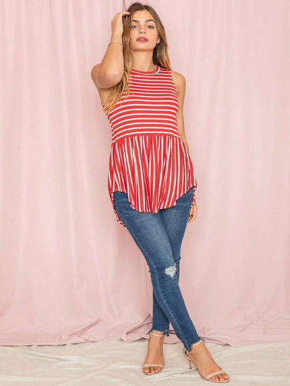 Summer/Spring Stripe Red Sage Blue Grey Cute Baby Doll Top Blouse Tunic Top With Side Slit Small To 3 XL Plus