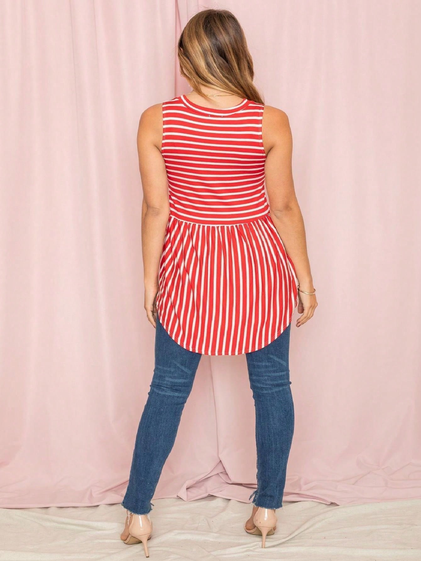 Summer/Spring Stripe Red Sage Blue Grey Cute Baby Doll Top Blouse Tunic Top With Side Slit Small To 3 XL Plus