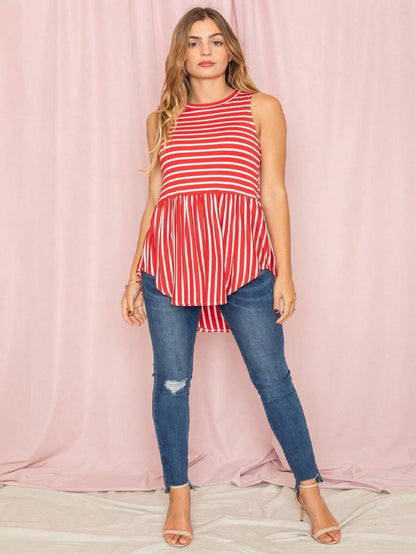 Summer/Spring Stripe Red Sage Blue Grey Cute Baby Doll Top Blouse Tunic Top With Side Slit Small To 3 XL Plus