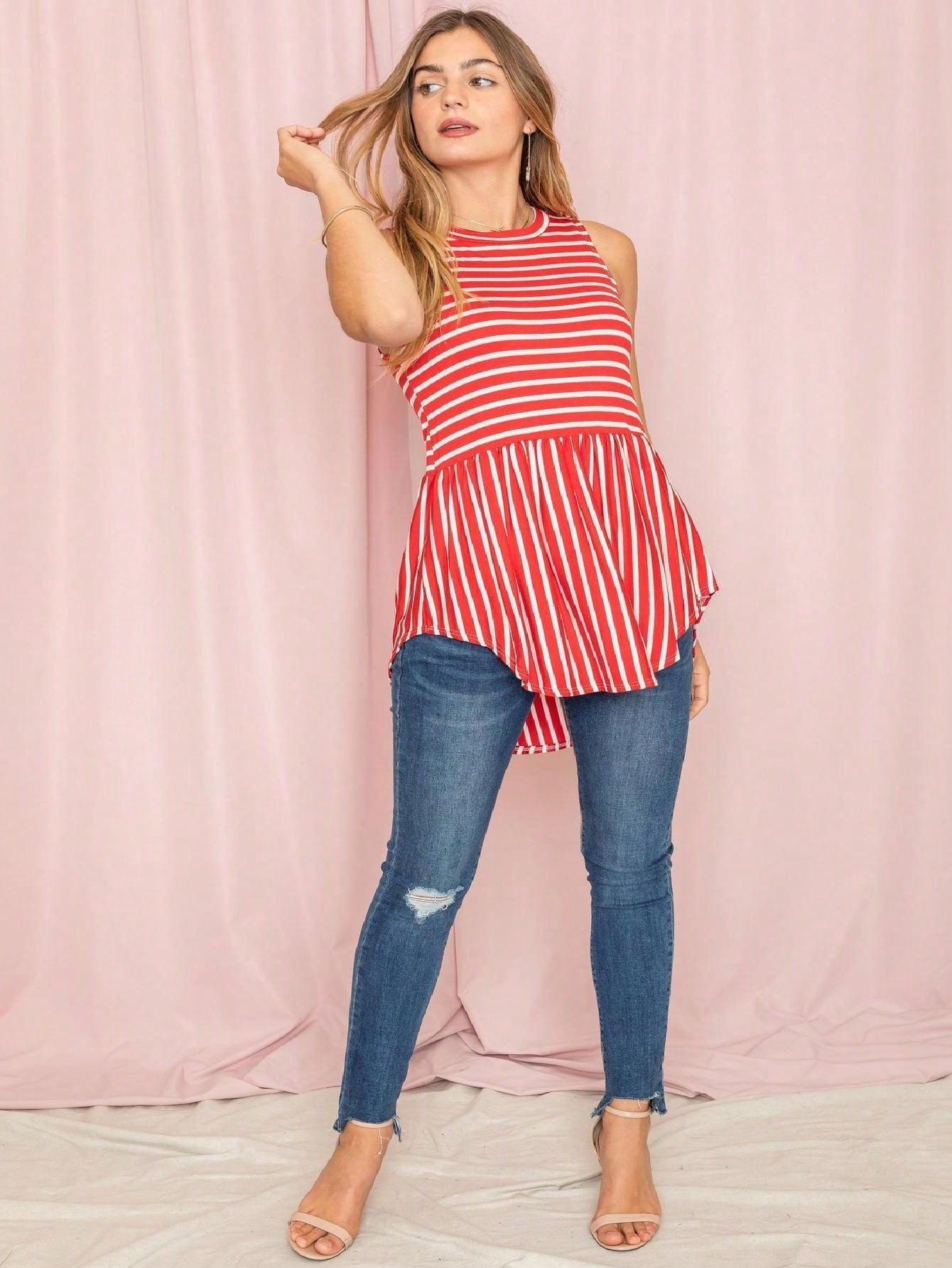 Summer/Spring Stripe Red Sage Blue Grey Cute Baby Doll Top Blouse Tunic Top With Side Slit Small To 3 XL Plus