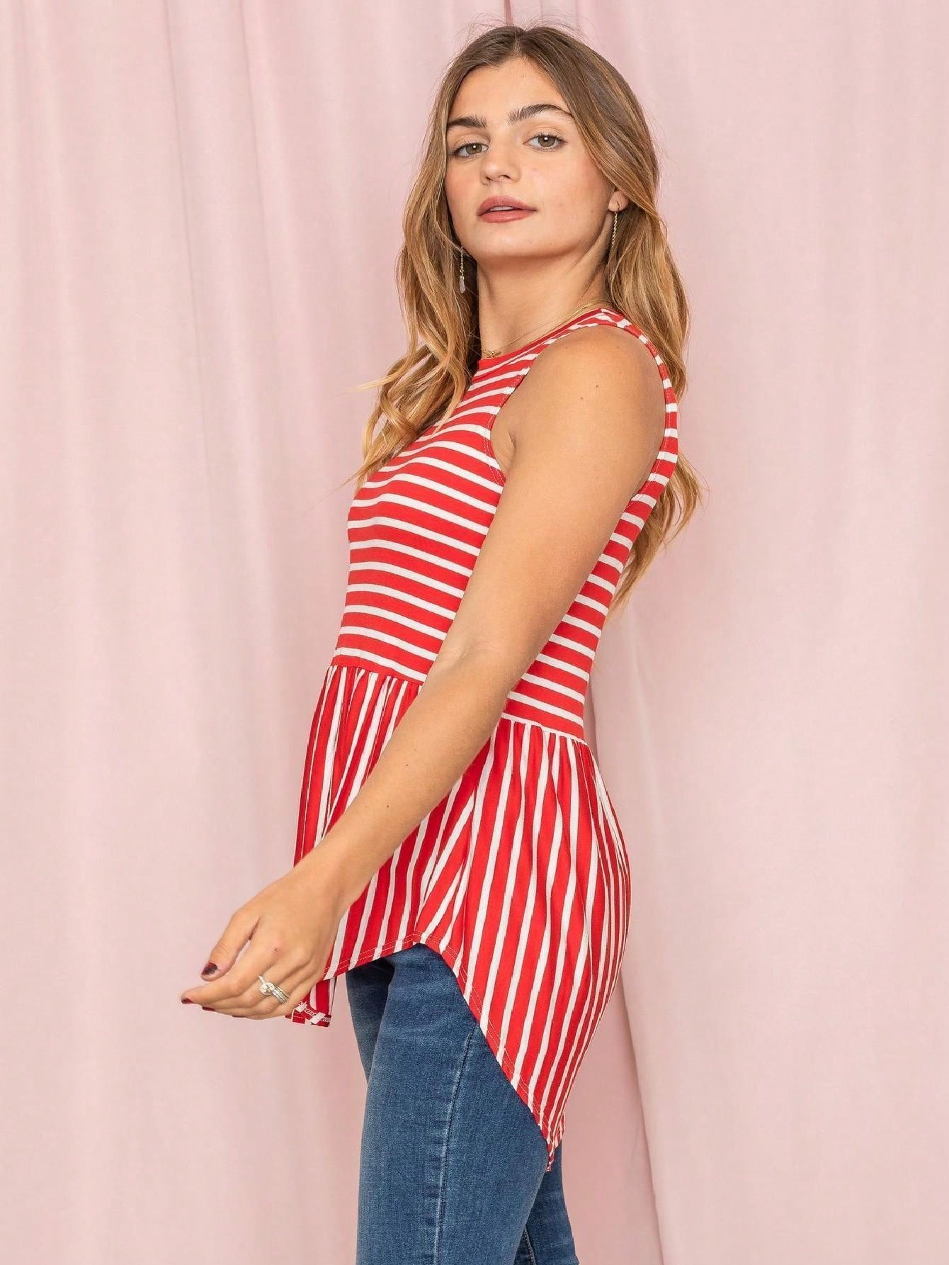 Summer/Spring Stripe Red Sage Blue Grey Cute Baby Doll Top Blouse Tunic Top With Side Slit Small To 3 XL Plus