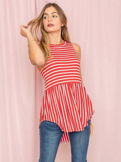 Summer/Spring Stripe Red Sage Blue Grey Cute Baby Doll Top Blouse Tunic Top With Side Slit Small To 3 XL Plus