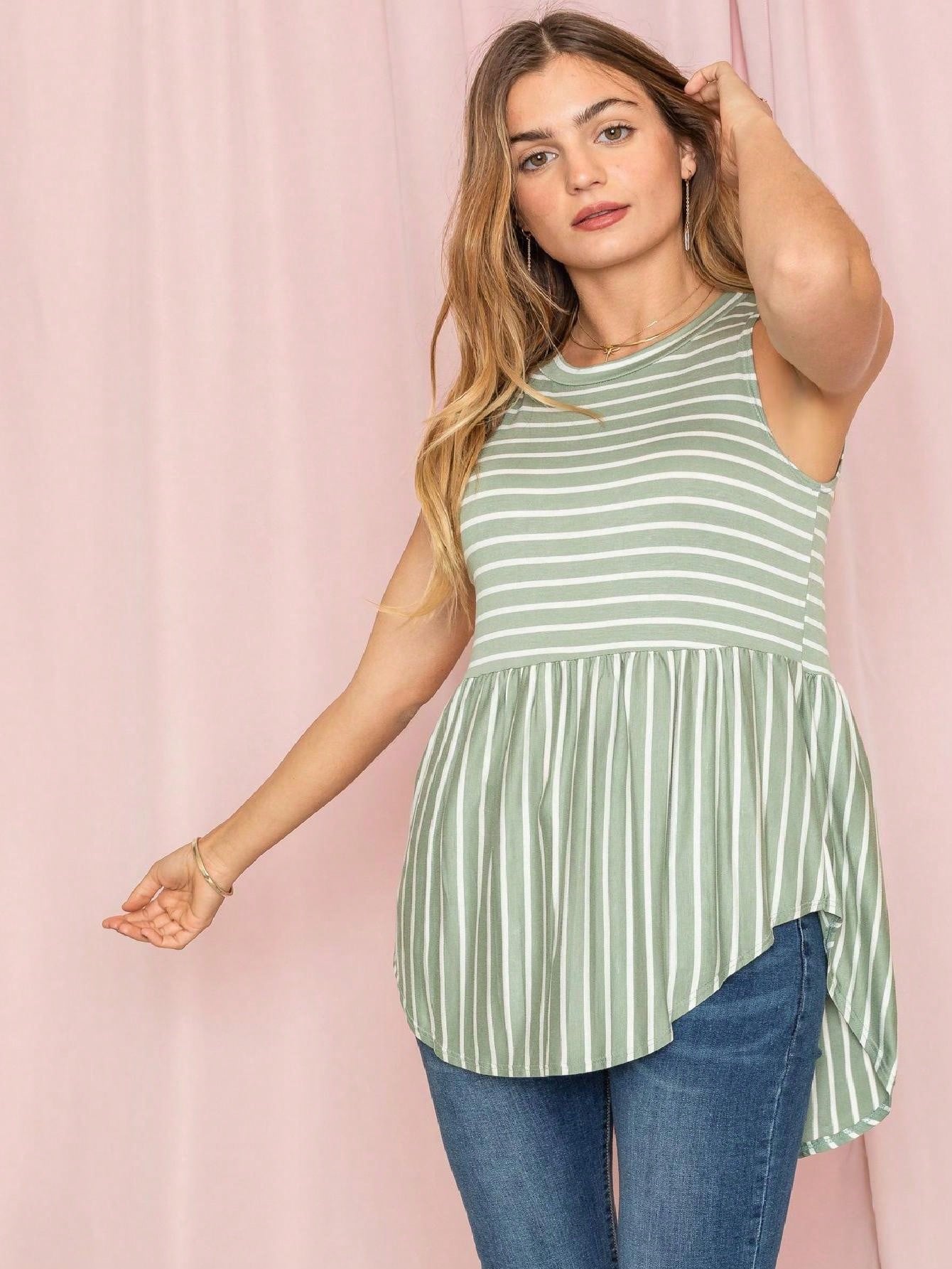 Summer/Spring Stripe Red Sage Blue Grey Cute Baby Doll Top Blouse Tunic Top With Side Slit Small To 3 XL Plus