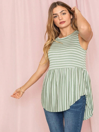 Summer/Spring Stripe Red Sage Blue Grey Cute Baby Doll Top Blouse Tunic Top With Side Slit Small To 3 XL Plus
