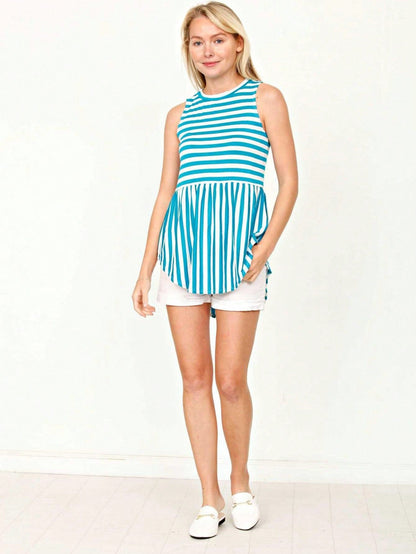 Summer/Spring Stripe Red Sage Blue Grey Cute Baby Doll Top Blouse Tunic Top With Side Slit Small To 3 XL Plus