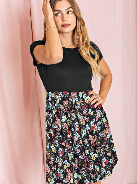 Vintage Boho Short Sleeve Summer Floral Patch Fall Black Navy Floral Shift Mini Swing Aline Southern Dress Small - 3 XL Plus