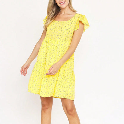 Black Yellow Ditsy Floral Leaves Flutter Short Sleeve Square Neck  Mini Dress Swing Southern Dress | Small -3 XL Plus
