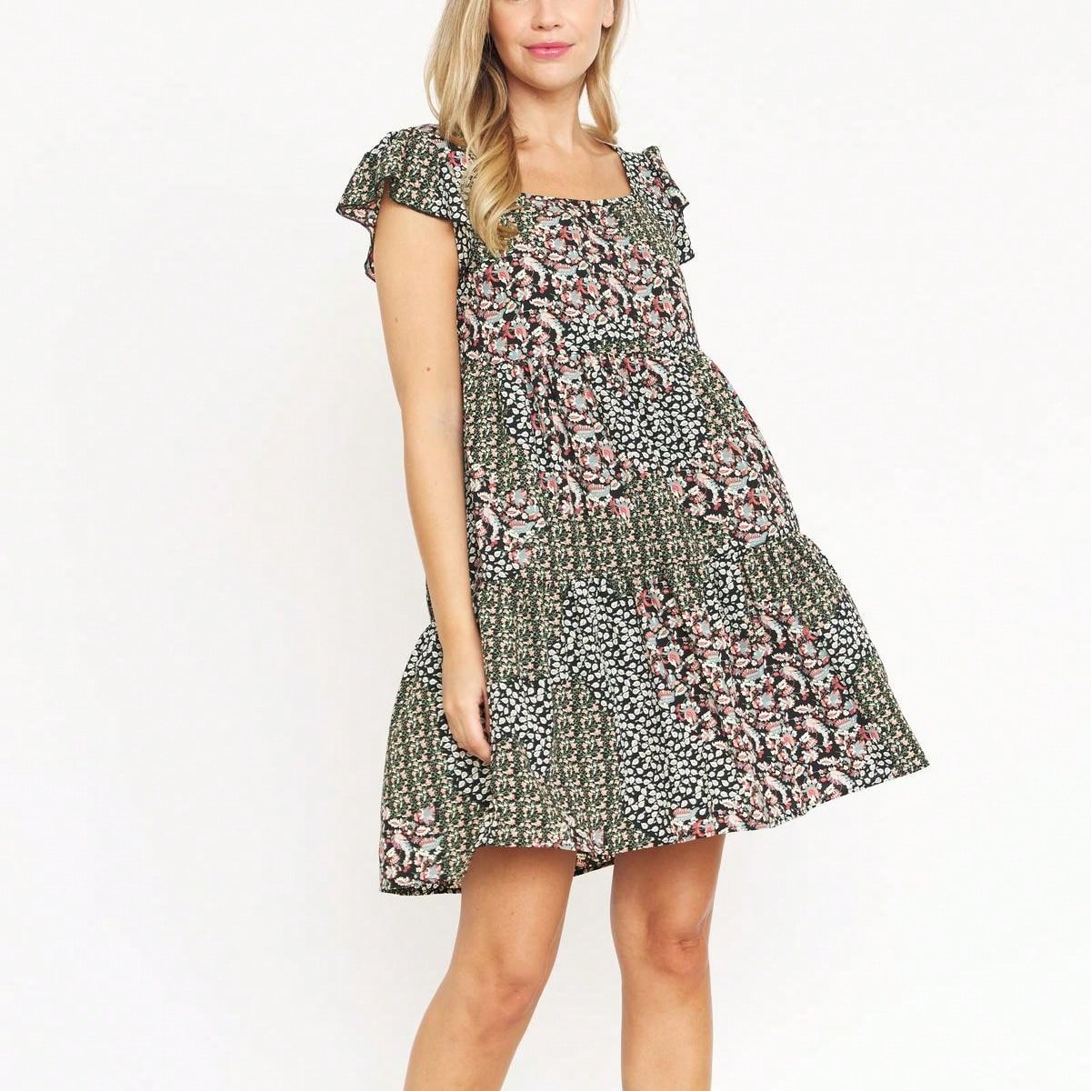 Black Yellow Ditsy Floral Leaves Flutter Short Sleeve Square Neck  Mini Dress Swing Southern Dress | Small -3 XL Plus