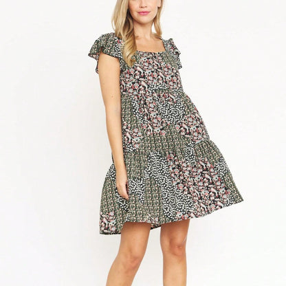 Black Yellow Ditsy Floral Leaves Flutter Short Sleeve Square Neck  Mini Dress Swing Southern Dress | Small -3 XL Plus