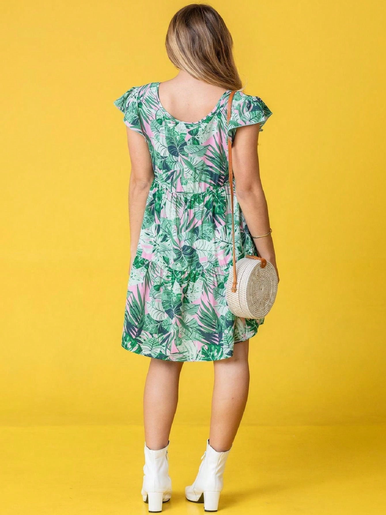 Black Yellow Ditsy Floral Leaves Flutter Short Sleeve Square Neck  Mini Dress Swing Southern Dress | Small -3 XL Plus