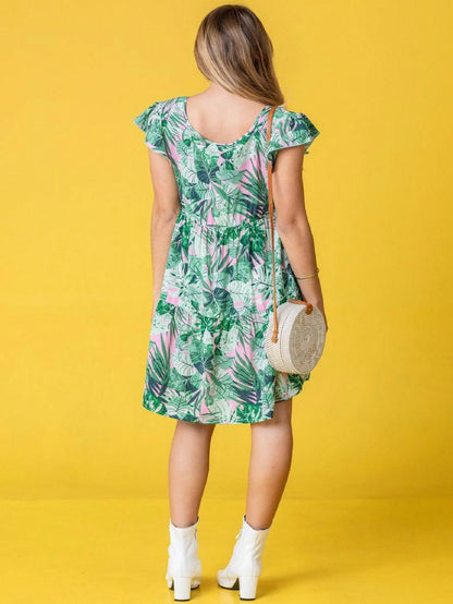 Black Yellow Ditsy Floral Leaves Flutter Short Sleeve Square Neck  Mini Dress Swing Southern Dress | Small -3 XL Plus