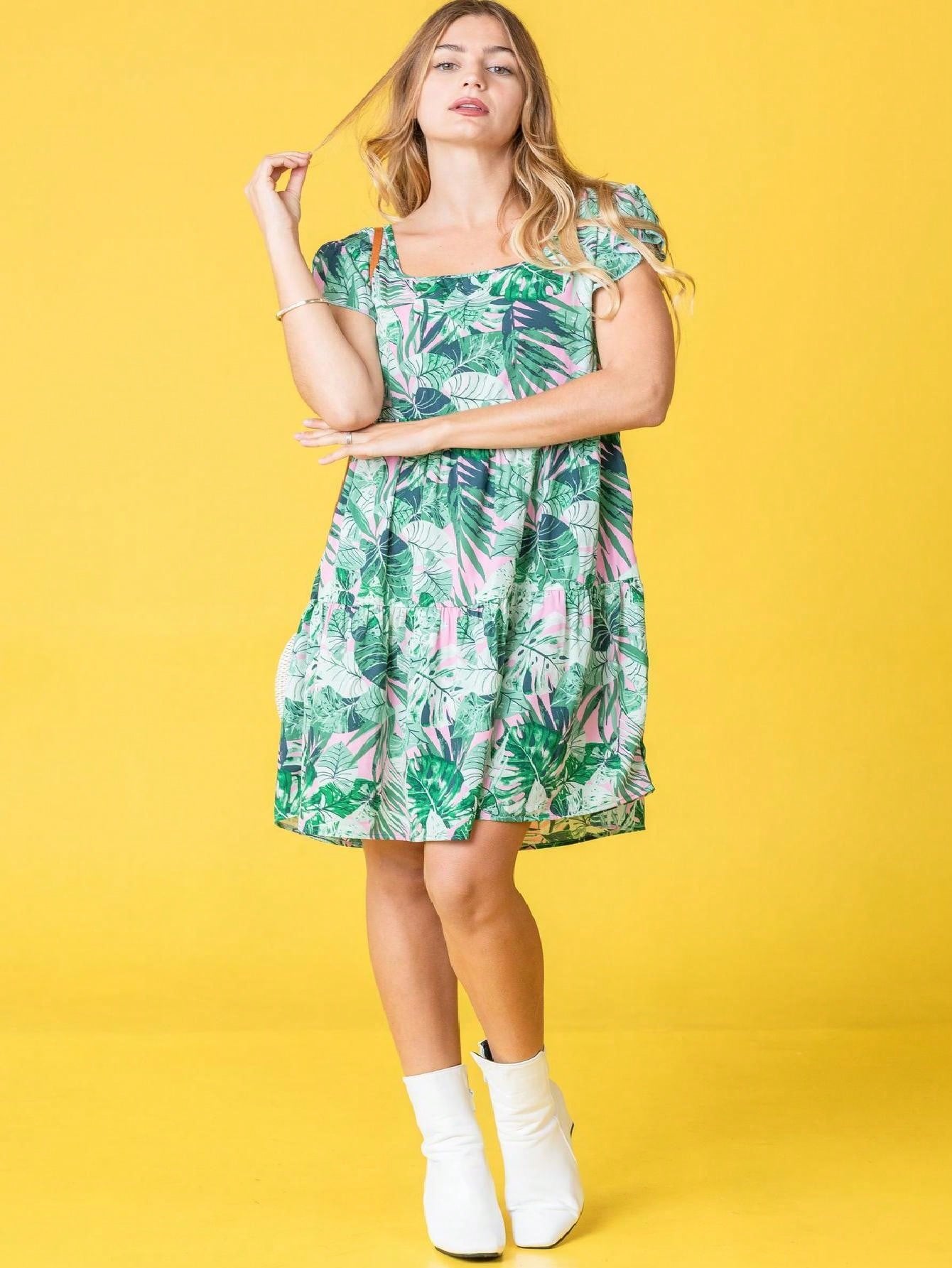 Black Yellow Ditsy Floral Leaves Flutter Short Sleeve Square Neck  Mini Dress Swing Southern Dress | Small -3 XL Plus