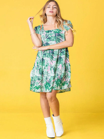Black Yellow Ditsy Floral Leaves Flutter Short Sleeve Square Neck  Mini Dress Swing Southern Dress | Small -3 XL Plus
