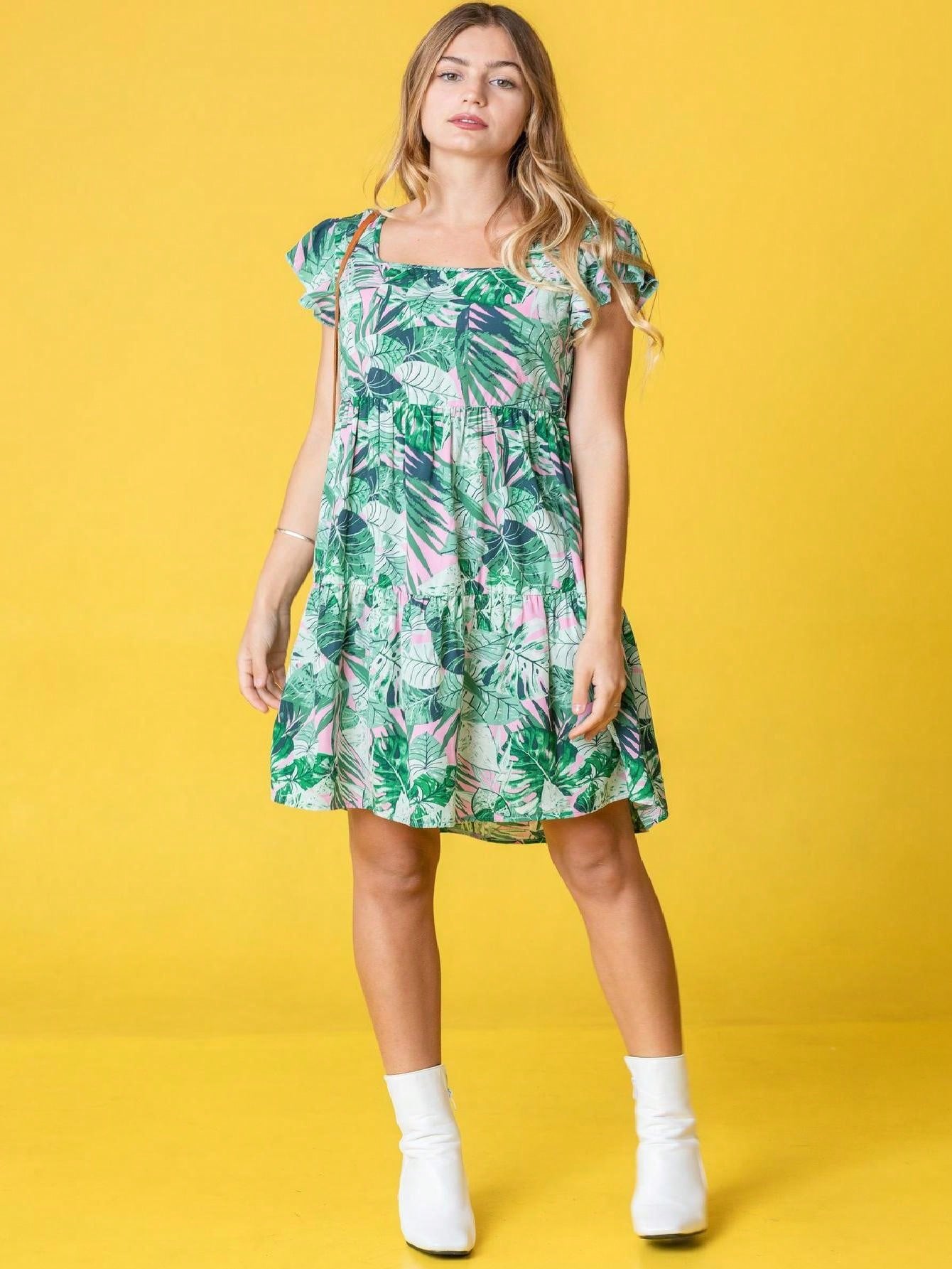 Black Yellow Ditsy Floral Leaves Flutter Short Sleeve Square Neck  Mini Dress Swing Southern Dress | Small -3 XL Plus