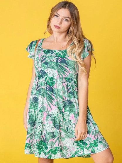 Black Yellow Ditsy Floral Leaves Flutter Short Sleeve Square Neck  Mini Dress Swing Southern Dress | Small -3 XL Plus