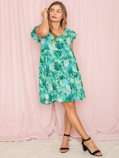 Black Yellow Ditsy Floral Leaves Flutter Short Sleeve Square Neck  Mini Dress Swing Southern Dress | Small -3 XL Plus