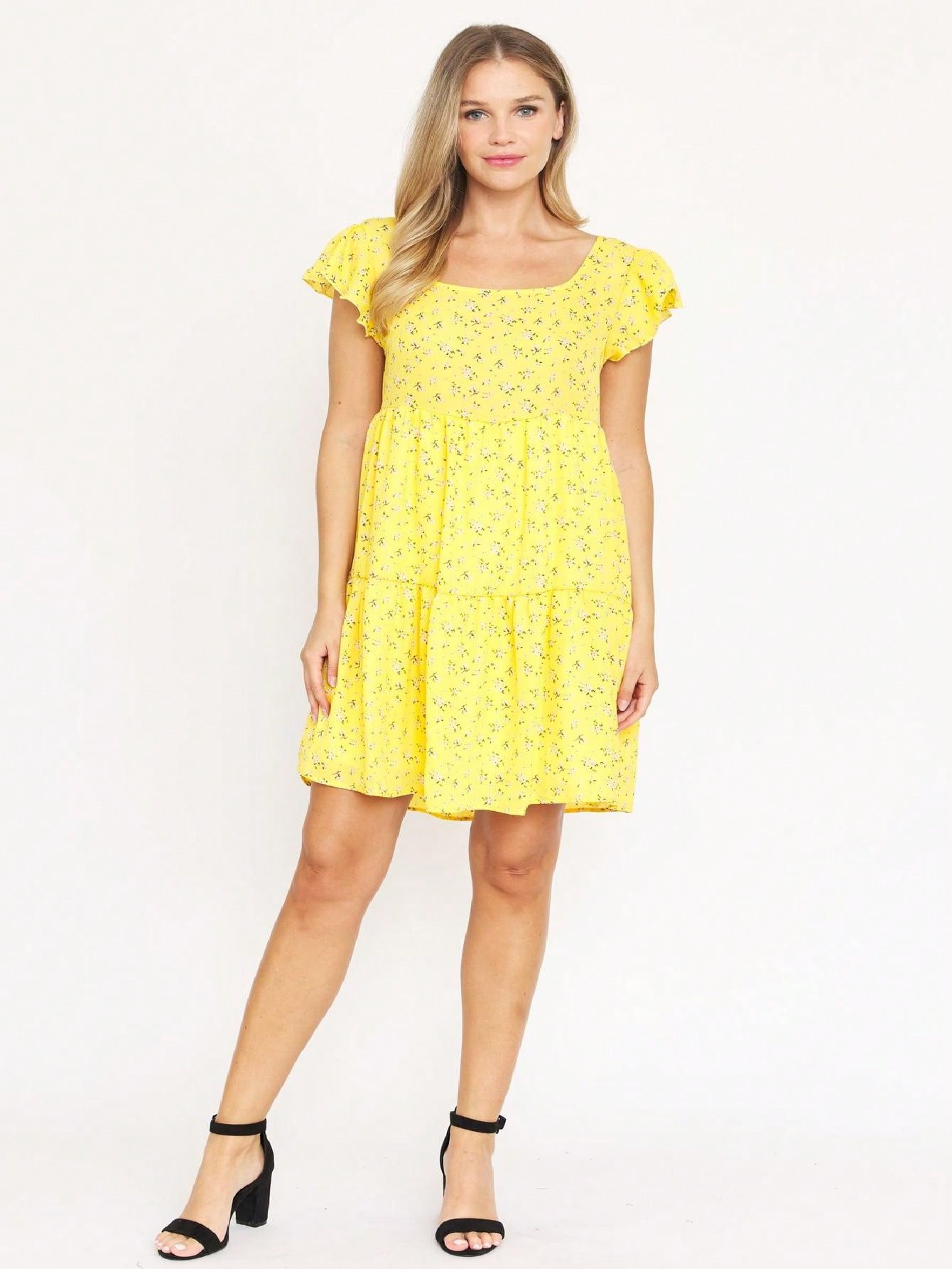 Black Yellow Ditsy Floral Leaves Flutter Short Sleeve Square Neck  Mini Dress Swing Southern Dress | Small -3 XL Plus