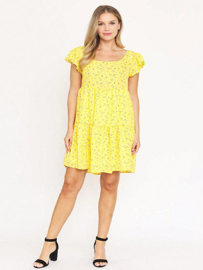 Black Yellow Ditsy Floral Leaves Flutter Short Sleeve Square Neck  Mini Dress Swing Southern Dress | Small -3 XL Plus