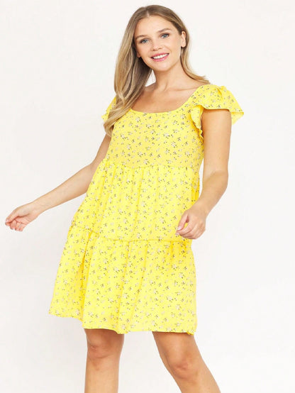 Black Yellow Ditsy Floral Leaves Flutter Short Sleeve Square Neck  Mini Dress Swing Southern Dress | Small -3 XL Plus