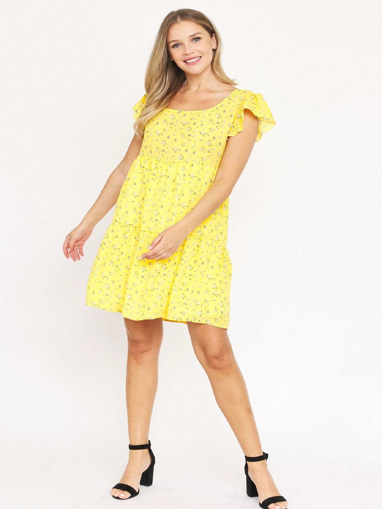 Black Yellow Ditsy Floral Leaves Flutter Short Sleeve Square Neck  Mini Dress Swing Southern Dress | Small -3 XL Plus