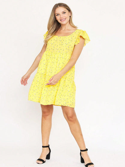 Black Yellow Ditsy Floral Leaves Flutter Short Sleeve Square Neck  Mini Dress Swing Southern Dress | Small -3 XL Plus