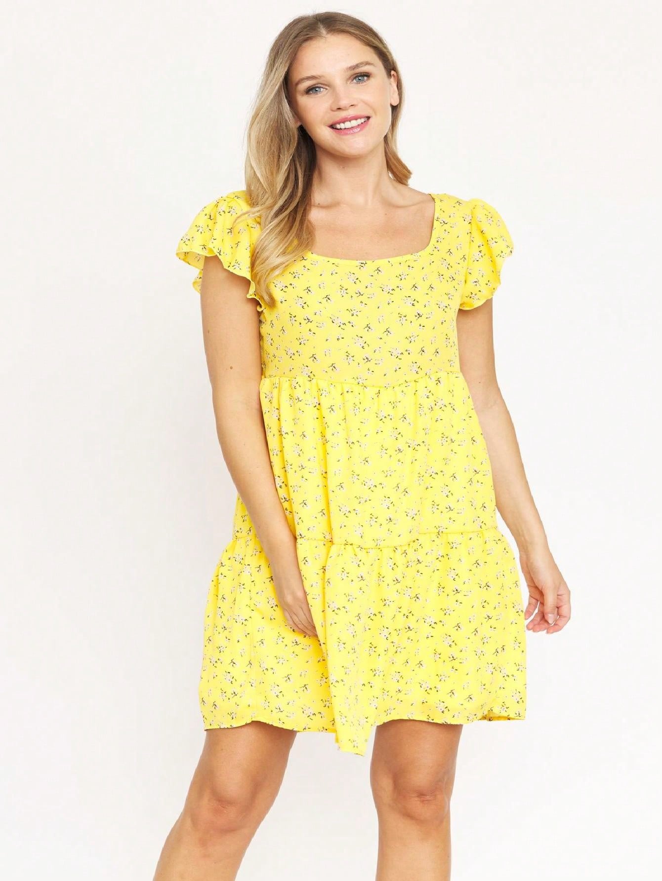 Black Yellow Ditsy Floral Leaves Flutter Short Sleeve Square Neck  Mini Dress Swing Southern Dress | Small -3 XL Plus
