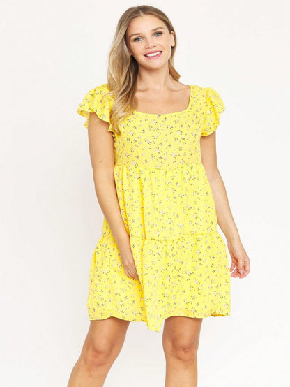Black Yellow Ditsy Floral Leaves Flutter Short Sleeve Square Neck  Mini Dress Swing Southern Dress | Small -3 XL Plus