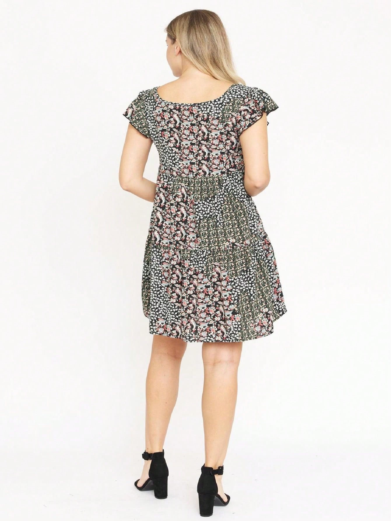 Black Yellow Ditsy Floral Leaves Flutter Short Sleeve Square Neck  Mini Dress Swing Southern Dress | Small -3 XL Plus