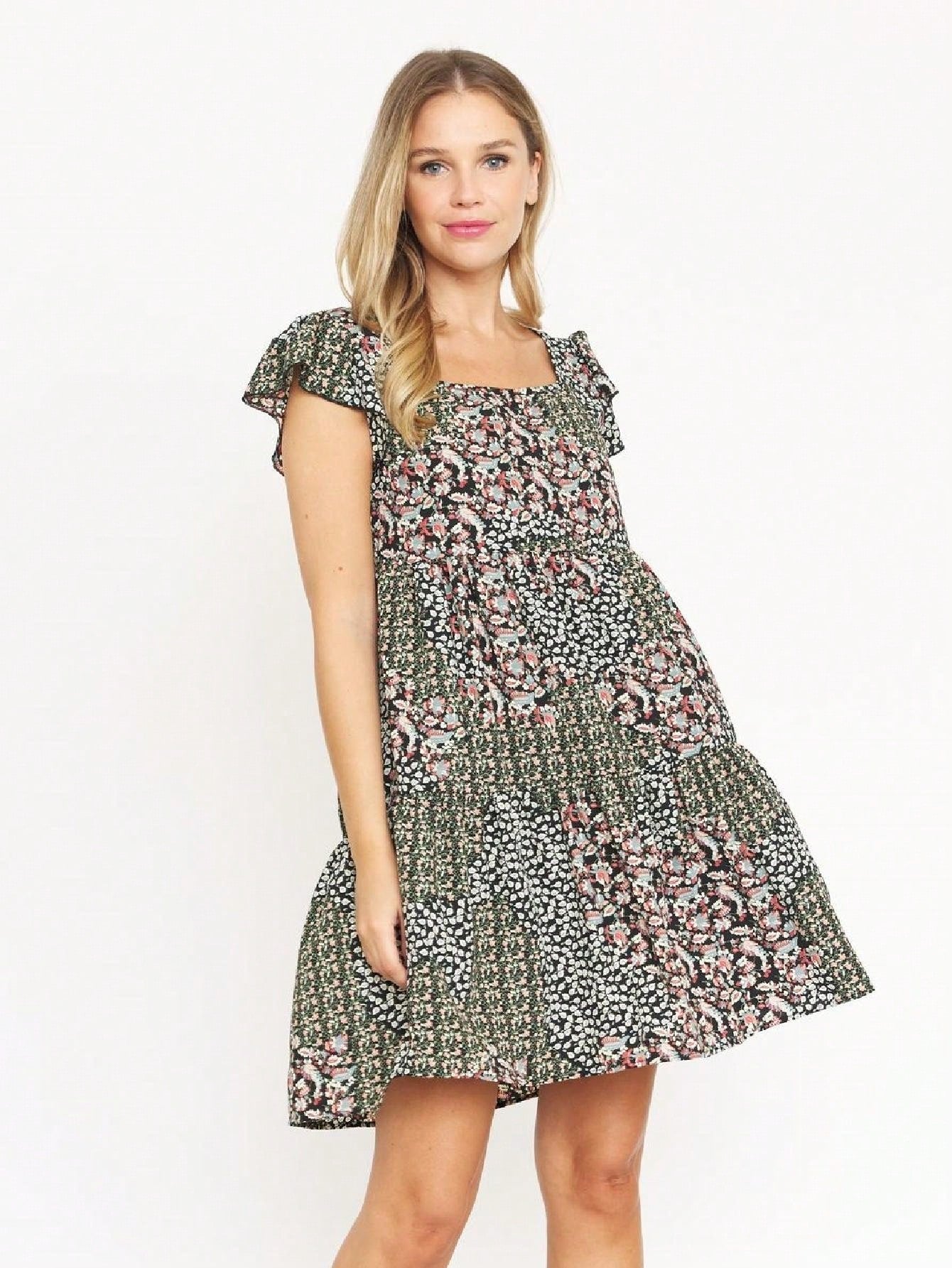 Black Yellow Ditsy Floral Leaves Flutter Short Sleeve Square Neck  Mini Dress Swing Southern Dress | Small -3 XL Plus