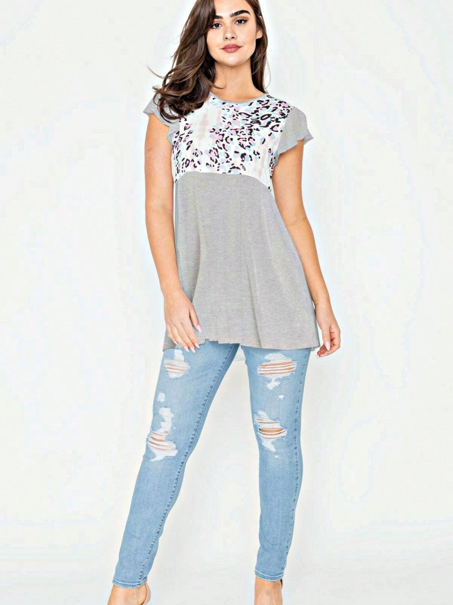 Ivory Leopard Panel Flutter Sleeve Tunic